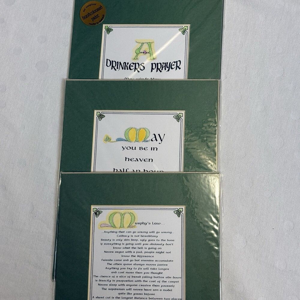 Lot 3 Irish Hand-Coloured Prints Made Ireland Murphy's Law Drinkers Prayer 13”